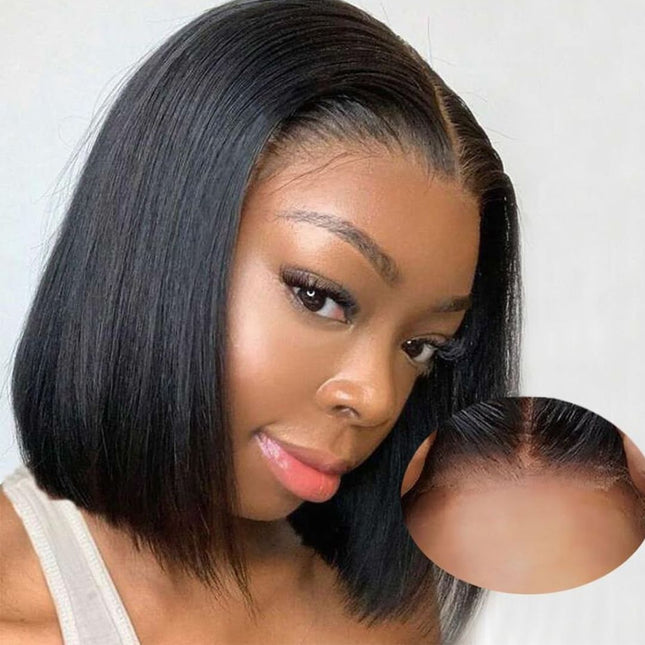 HD Real Scalp Straight Blunt Cut Bob Closure Wig – 100% Raw Human Hair, Natural Black, Pre-Plucked Hairline, Transparent HD Lace, Glueless, Chic Short Style