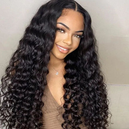HD Real Scalp Deep Wave Closure Wig – 100% Raw Human Hair, Natural Black, Pre-Plucked Hairline, Transparent HD Lace, Glueless, Defined Voluminous Waves
