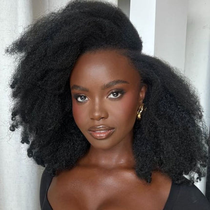 HD Real Scalp Soft Yaki Fro Closure Wig – 100% Raw Human Hair, Natural Black, Pre-Plucked Hairline, Transparent HD Lace, Glueless, Afro-Textured Volume