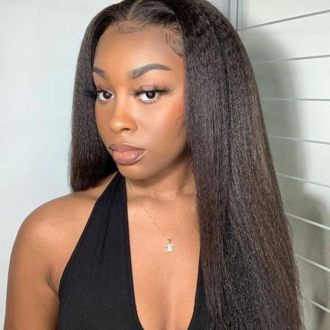 HD Real Scalp Yaki Straight Closure Wig – 100% Raw Human Hair, Natural Black, Pre-Plucked Hairline, Transparent HD Lace, Glueless, Textured Sleek Look
