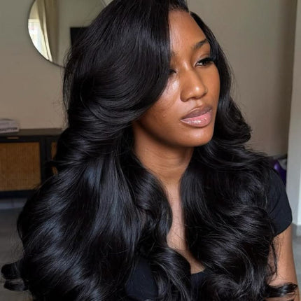 Body Wave Closure Wig – 100% Raw Human Hair, Natural Black, Loose Flowing Waves, Glueless Easy Install, Lightweight & Breathable, Natural Blending