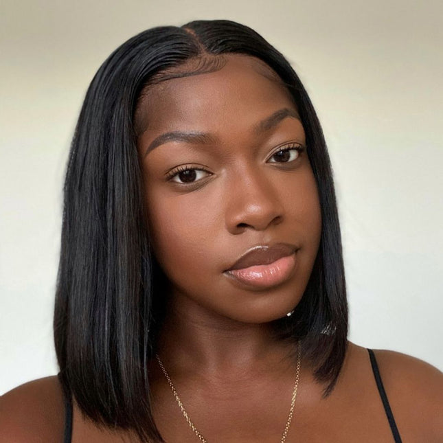 HD Straight Blunt Cut Frontal Lace Wig – 100% Raw Human Hair, Natural Black, 13x4 Transparent Lace, Pre-Plucked Hairline, Glueless, Chic Bob Style