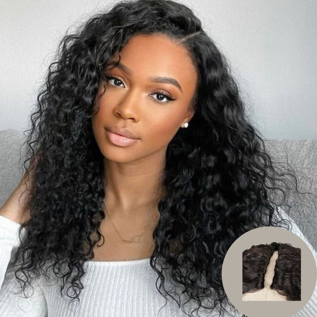 Water Wave U-Part Wig – 100% Raw Human Hair, Natural Black, Loose Defined Waves, Glueless Easy Install, Lightweight & Breathable, Natural Blending