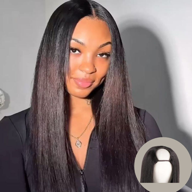 Yaki Straight U-Part Wig – 100% Raw Human Hair, Natural Black, Textured Straight Look, Glueless Easy Install, Lightweight, Natural Blending & Shine