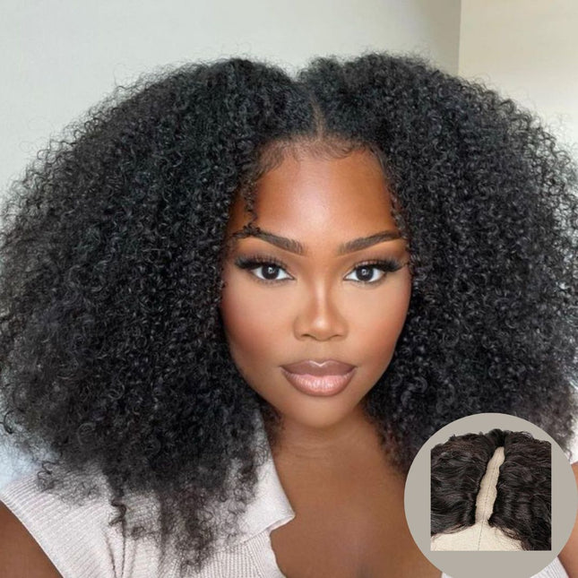 Kinky Curl U-Part Wig – 100% Raw Human Hair, Natural Black, Tight Springy Curls, Glueless Easy Install, Lightweight & Breathable, Natural Blending