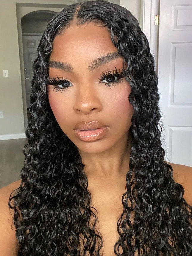 HD Water wave Closure Wig – 100% Raw Human Hair, Natural Black, Pre-Plucked Hairline, Transparent HD Lace