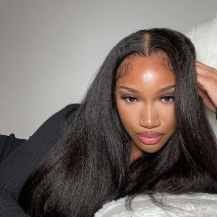 HD Real Scalp Yaki Straight Closure Wig – 100% Raw Human Hair, Natural Black, Pre-Plucked Hairline, Transparent HD Lace, Glueless, Textured Sleek Look