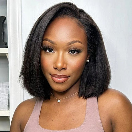 HD Real Scalp Yaki Straight Closure Wig – 100% Raw Human Hair, Natural Black, Pre-Plucked Hairline, Transparent HD Lace, Glueless, Relaxed Textured Look