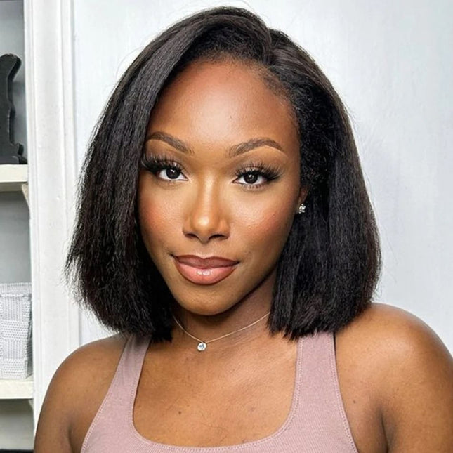 HD Real Scalp Yaki Straight Closure Wig – 100% Raw Human Hair, Natural Black, Pre-Plucked Hairline, Transparent HD Lace, Glueless, Relaxed Textured Look