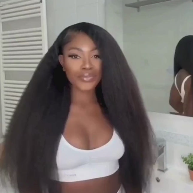 HD Yaki Straight Frontal Lace Wig – 100% Raw Human Hair, Natural Black, 13x4 Transparent Lace, Pre-Plucked Hairline, Glueless, Textured Straight Look
