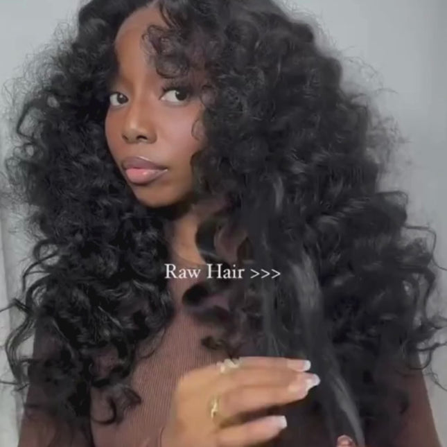 HD Volume Curls Frontal Lace Wig – 100% Raw Human Hair, Natural Black, 13x4 Transparent Lace, Pre-Plucked Hairline, Glueless, Bold Defined Curls