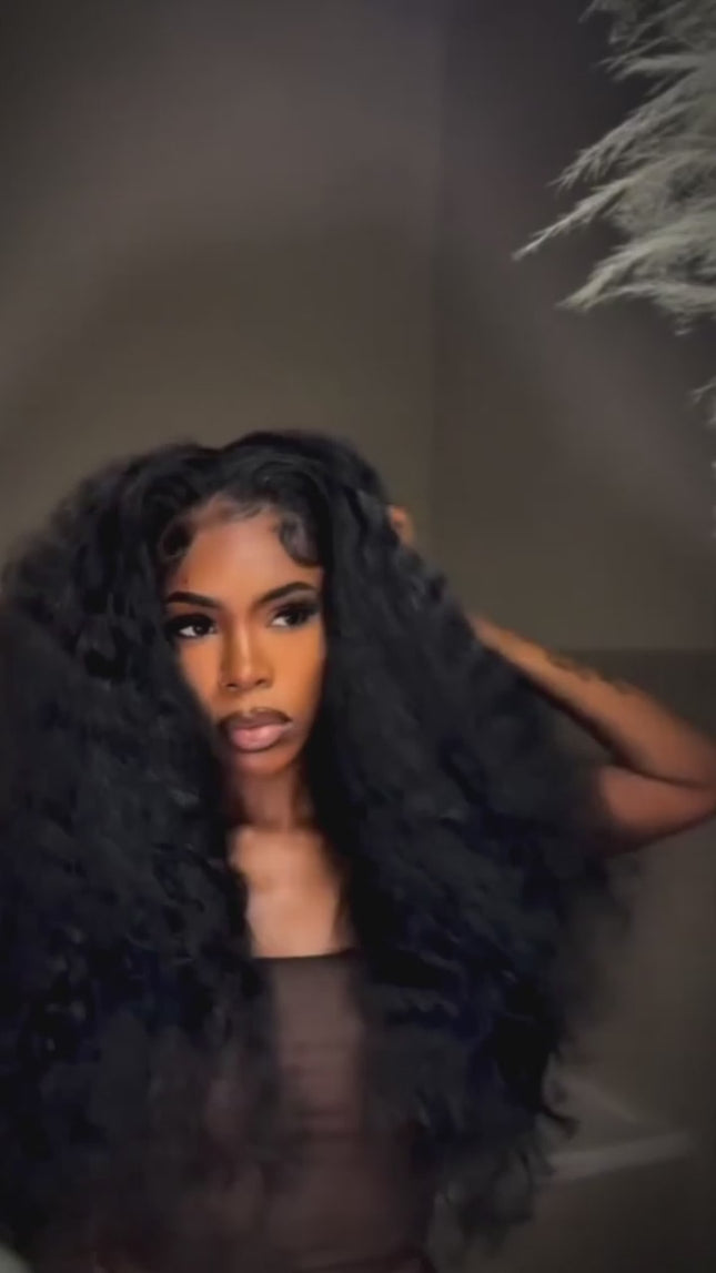 HD Deep Wave Frontal Lace Wig – 100% Raw Human Hair, Natural Black, 13x4 Transparent Lace, Pre-Plucked Hairline, Glueless, Bold Defined Curls