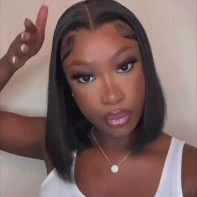 HD Straight Blunt Cut Frontal Lace Wig – 100% Raw Human Hair, Natural Black, 13x4 Transparent Lace, Pre-Plucked Hairline, Glueless, Chic Bob Style