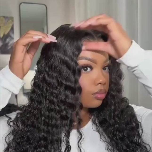 HD Real Scalp Deep Wave Closure Wig – 100% Raw Human Hair, Natural Black, Pre-Plucked Hairline, Transparent HD Lace, Glueless, Defined Voluminous Waves
